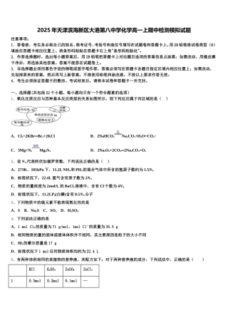 2025年天津滨海新区大港第八中学化学高一上期中检测模拟试题含解析