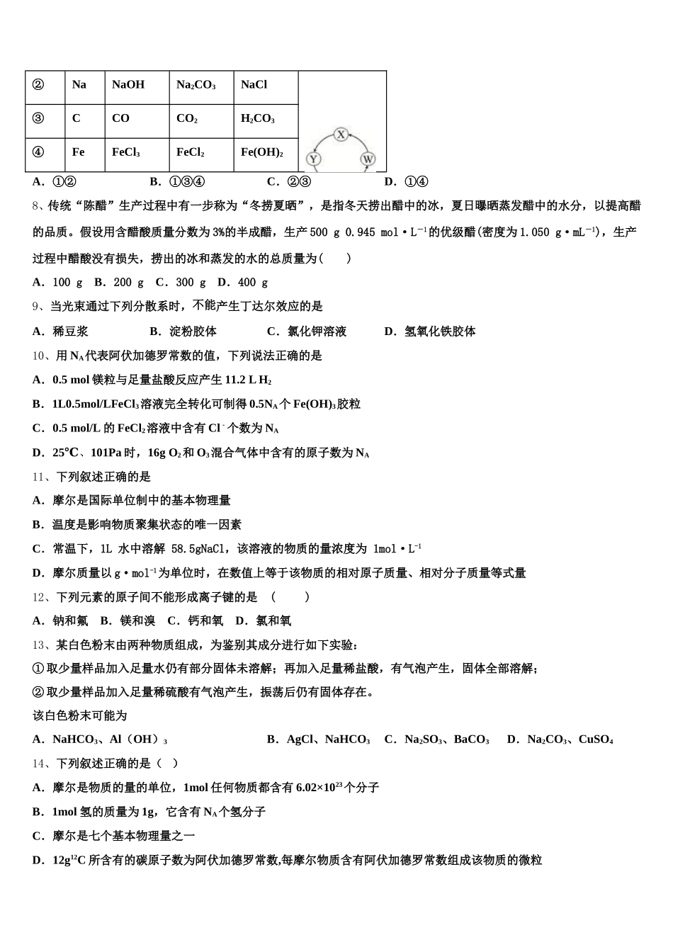 2025年天津南开中学化学高一上期中统考模拟试题含解析_第2页