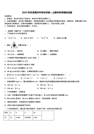 2025年天津南开中学化学高一上期中统考模拟试题含解析