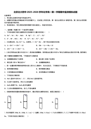 北京北大附中2025-2026学年化学高一第一学期期中监测模拟试题含解析