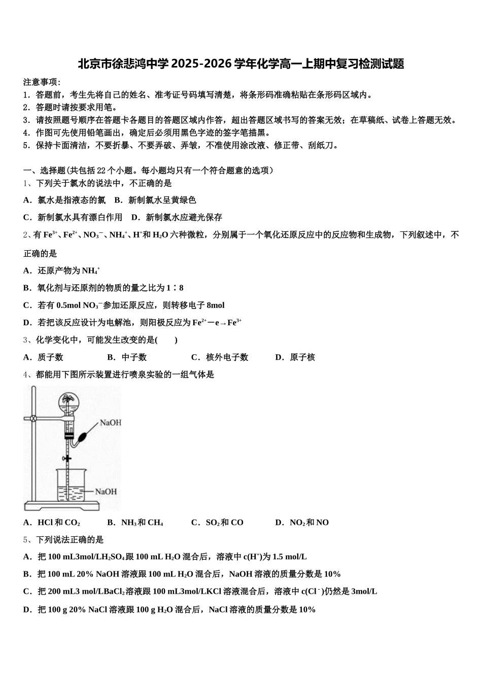 北京市徐悲鸿中学2025-2026学年化学高一上期中复习检测试题含解析_第1页