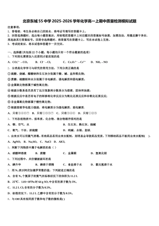 北京东城55中学2025-2026学年化学高一上期中质量检测模拟试题含解析