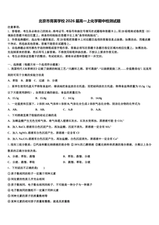北京市育英学校2026届高一上化学期中检测试题含解析