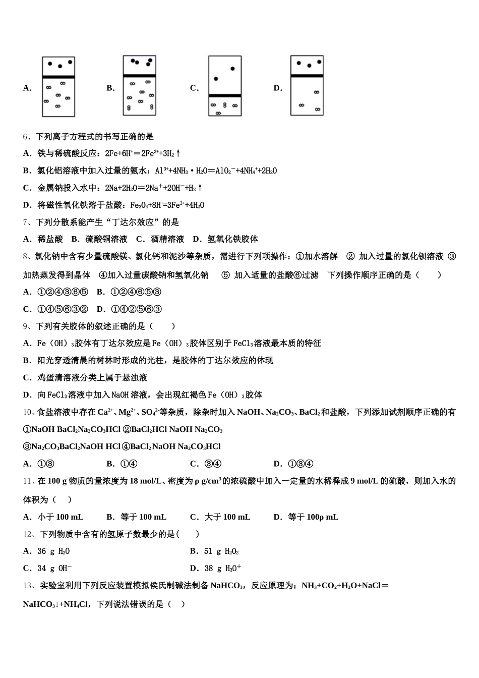 北京师大附属实验中学2025-2026学年高一化学第一学期期中学业水平测试试题含解析_第2页