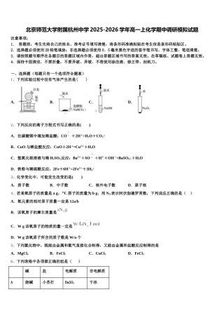北京师范大学附属杭州中学2025-2026学年高一上化学期中调研模拟试题含解析