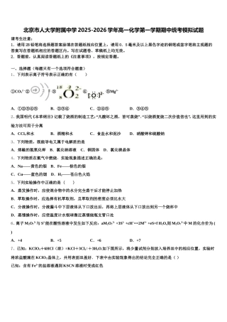 北京市人大学附属中学2025-2026学年高一化学第一学期期中统考模拟试题含解析