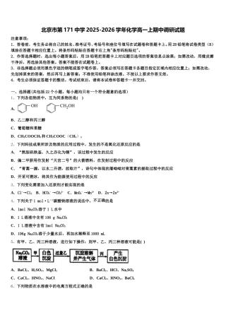 北京市第171中学2025-2026学年化学高一上期中调研试题含解析