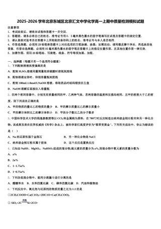 2025-2026学年北京东城区北京汇文中学化学高一上期中质量检测模拟试题含解析