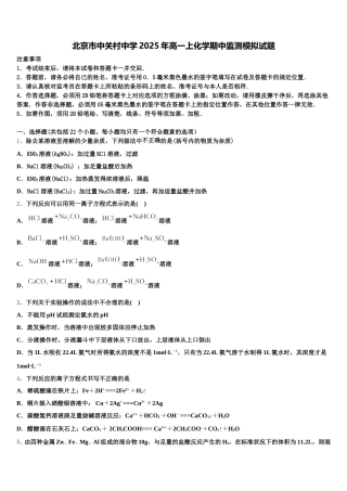 北京市中关村中学2025年高一上化学期中监测模拟试题含解析