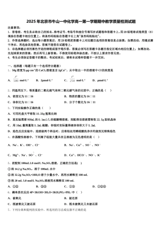 2025年北京市牛山一中化学高一第一学期期中教学质量检测试题含解析