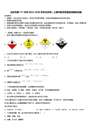 北京市第171中学2025-2026学年化学高一上期中教学质量检测模拟试题含解析