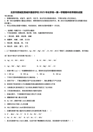 北京市西城区西城外国语学校2025年化学高一第一学期期中统考模拟试题含解析