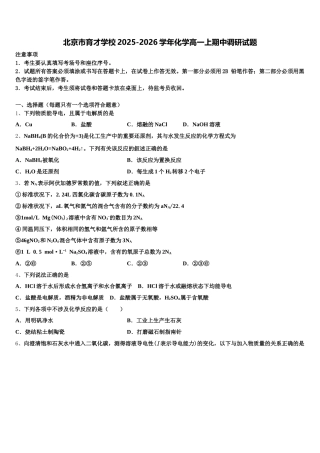 北京市育才学校2025-2026学年化学高一上期中调研试题含解析