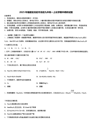 2025年福建省龙岩市龙岩九中高一上化学期中调研试题含解析