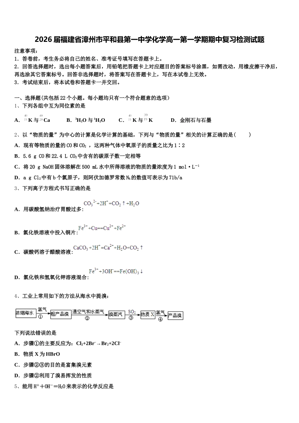 2026届福建省漳州市平和县第一中学化学高一第一学期期中复习检测试题含解析_第1页