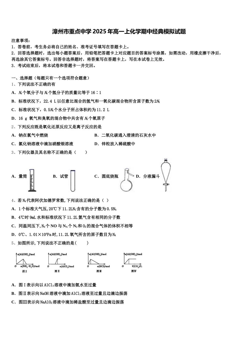 漳州市重点中学2025年高一上化学期中经典模拟试题含解析_第1页