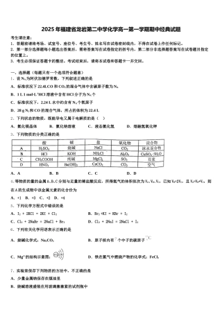 2025年福建省龙岩第二中学化学高一第一学期期中经典试题含解析