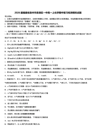 2026届福建省泉州市泉港区一中高一上化学期中复习检测模拟试题含解析