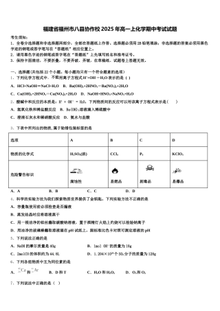 福建省福州市八县协作校2025年高一上化学期中考试试题含解析