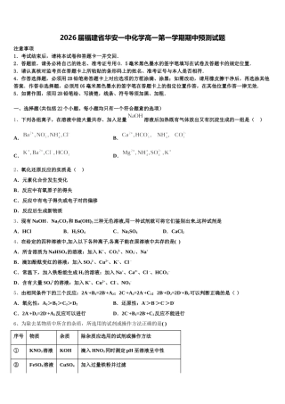 2026届福建省华安一中化学高一第一学期期中预测试题含解析