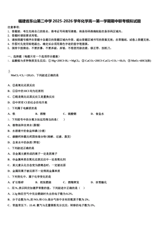 福建省东山第二中学2025-2026学年化学高一第一学期期中联考模拟试题含解析