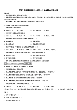 2025年福建省福州一中高一上化学期中经典试题含解析