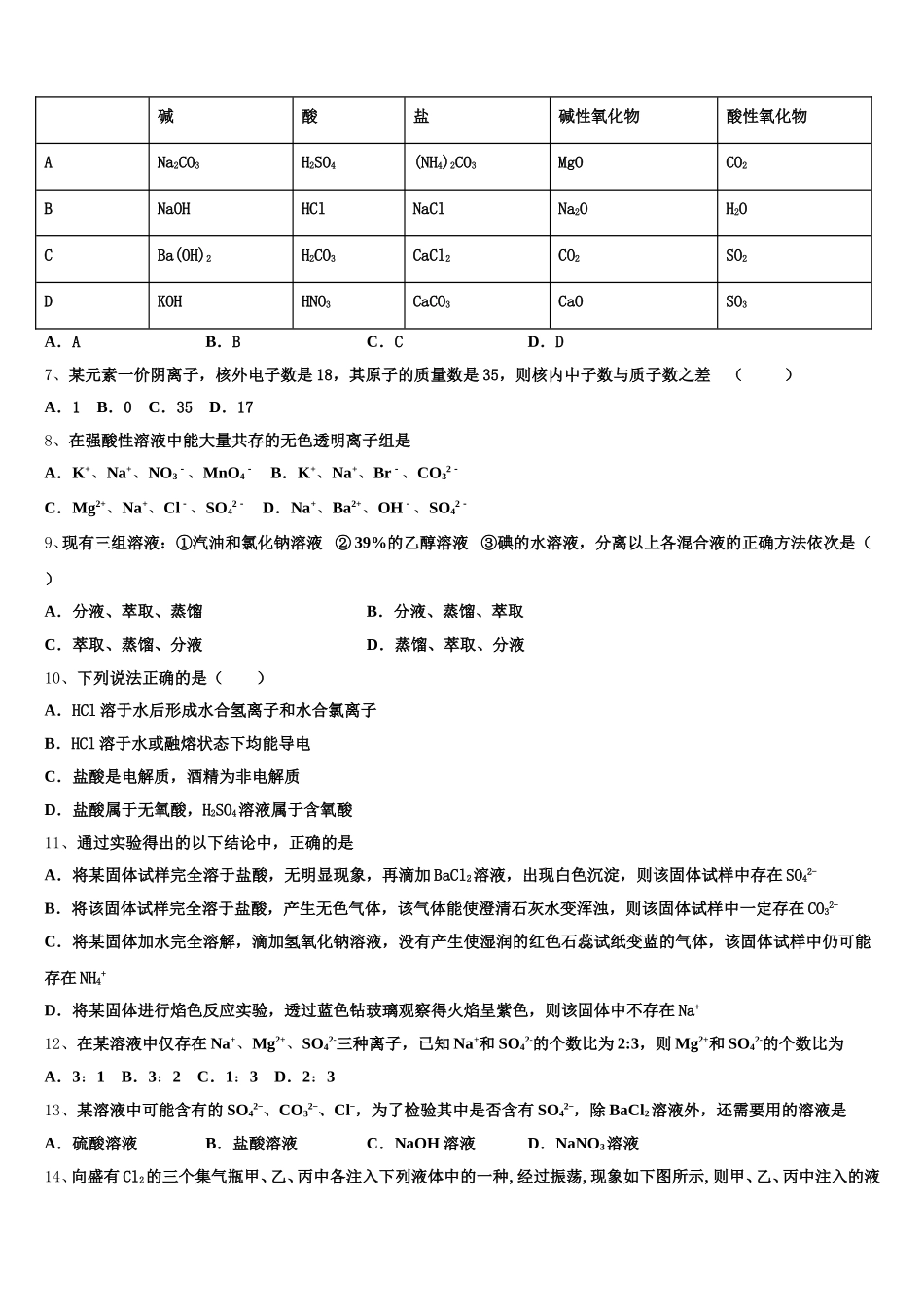 2025年漳州市重点中学化学高一第一学期期中监测试题含解析_第2页