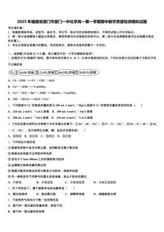 2025年福建省厦门市厦门一中化学高一第一学期期中教学质量检测模拟试题含解析