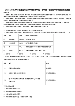 2025-2026学年福建省师范大学附属中学高一化学第一学期期中教学质量检测试题含解析