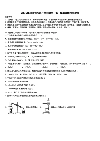 2025年福建省永春三中化学高一第一学期期中检测试题含解析