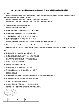 2025-2026学年福建省漳州一中高一化学第一学期期中联考模拟试题含解析