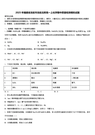 2025年福建省龙岩市龙岩北附高一上化学期中质量检测模拟试题含解析
