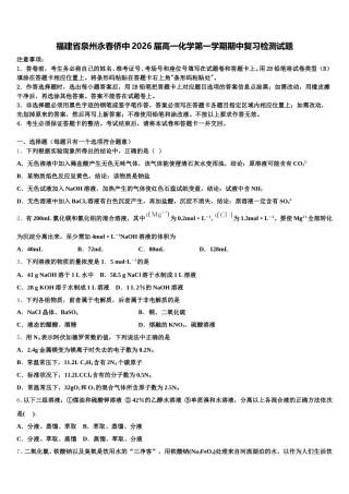 福建省泉州永春侨中2026届高一化学第一学期期中复习检测试题含解析