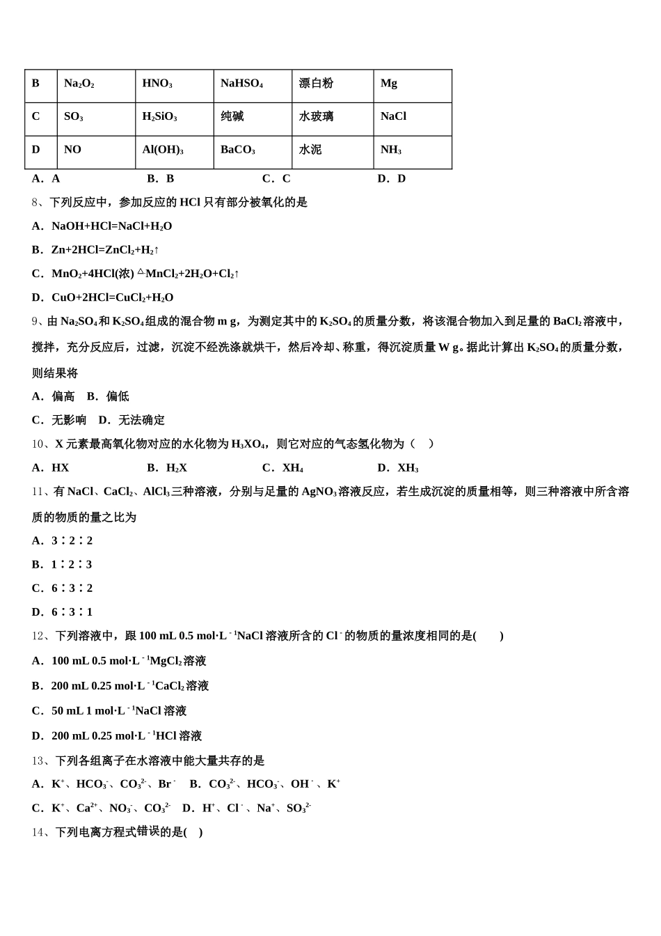 2025年吉林省榆树市第一高级中学高一化学第一学期期中监测试题含解析_第2页