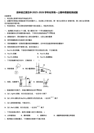 吉林省辽源五中2025-2026学年化学高一上期中质量检测试题含解析