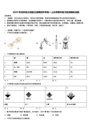 2025年吉林省汪清县汪清第四中学高一上化学期中复习检测模拟试题含解析