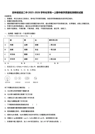 吉林省延边二中2025-2026学年化学高一上期中教学质量检测模拟试题含解析