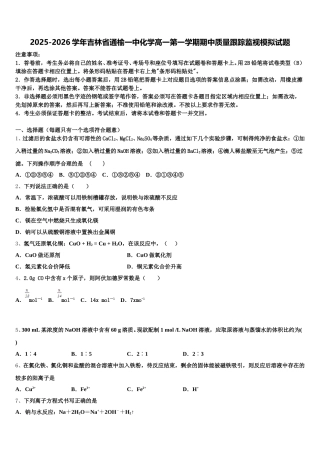 2025-2026学年吉林省通榆一中化学高一第一学期期中质量跟踪监视模拟试题含解析