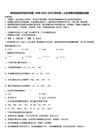吉林省吉林市蛟河市第一中学2025-2026学年高一上化学期中经典模拟试题含解析