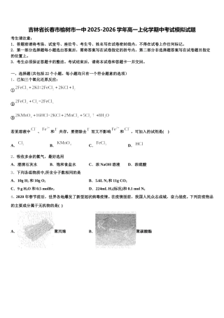 吉林省长春市榆树市一中2025-2026学年高一上化学期中考试模拟试题含解析