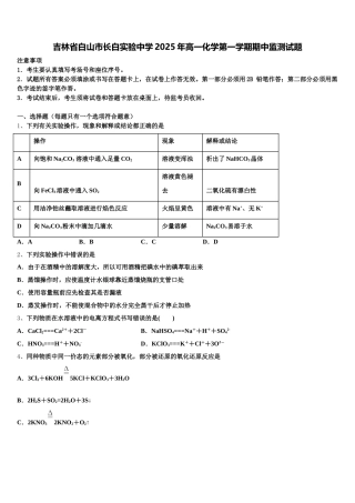 吉林省白山市长白实验中学2025年高一化学第一学期期中监测试题含解析