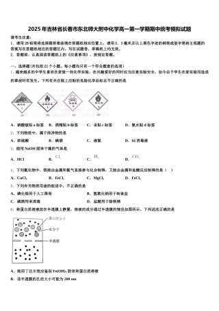 2025年吉林省长春市东北师大附中化学高一第一学期期中统考模拟试题含解析
