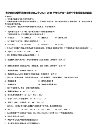 吉林省延边朝鲜族自治州延吉二中2025-2026学年化学高一上期中学业质量监测试题含解析