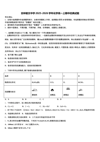 吉林毓文中学2025-2026学年化学高一上期中经典试题含解析