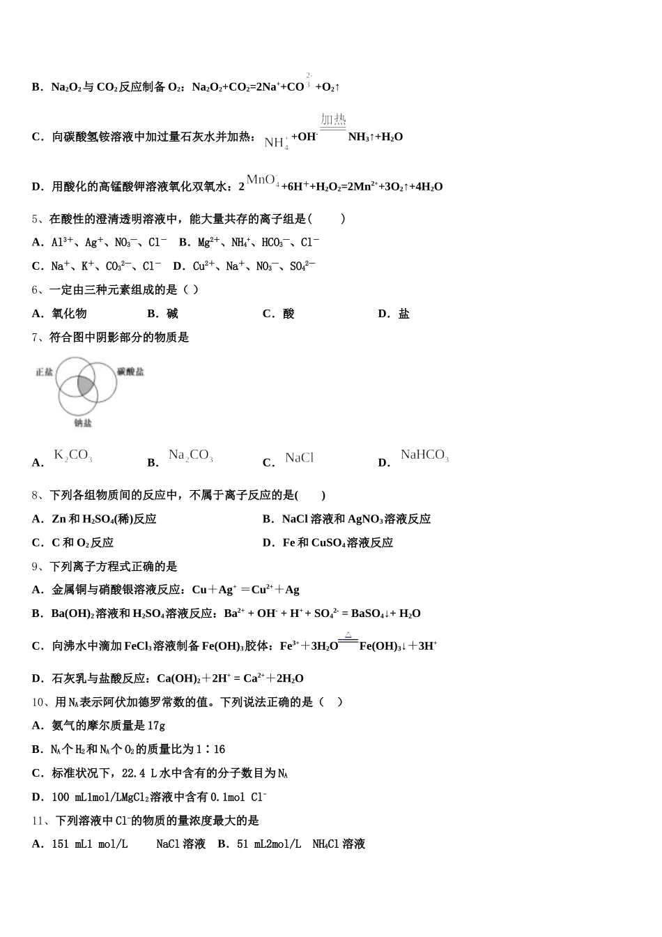 吉林省白城市大安市第二中学2026届高一化学第一学期期中监测试题含解析_第2页
