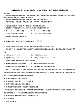 吉林省通化市“BEST合作体”2026届高一上化学期中检测模拟试题含解析