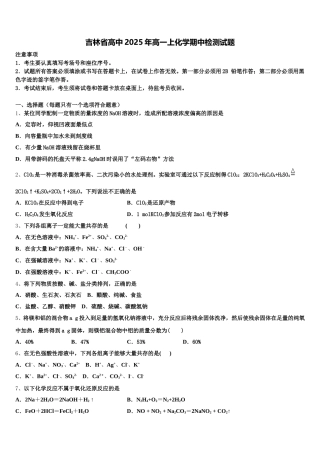 吉林省高中2025年高一上化学期中检测试题含解析