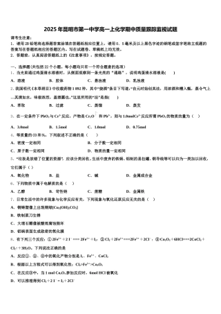 2025年昆明市第一中学高一上化学期中质量跟踪监视试题含解析
