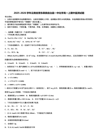 2025-2026学年云南省景东彝族自治县一中化学高一上期中监测试题含解析