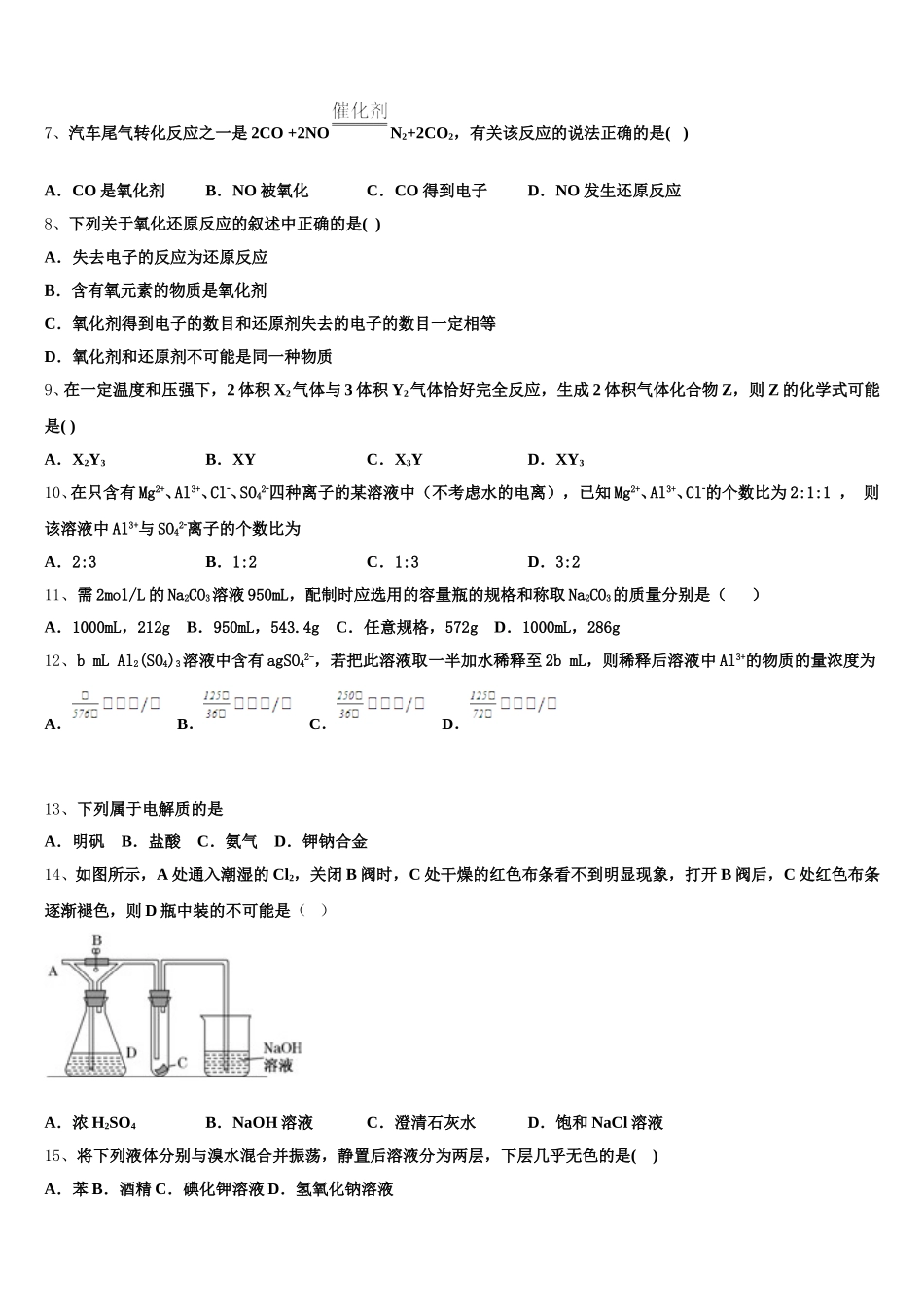 2026届云南省昭通市永善县第一中学化学高一第一学期期中复习检测模拟试题含解析_第2页